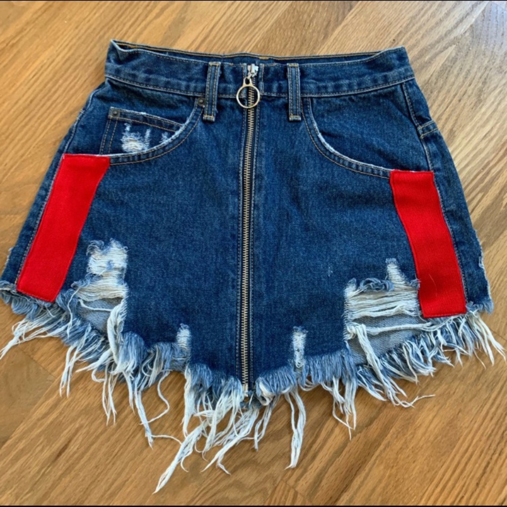 Red colorblock LF denim skirt by carmar